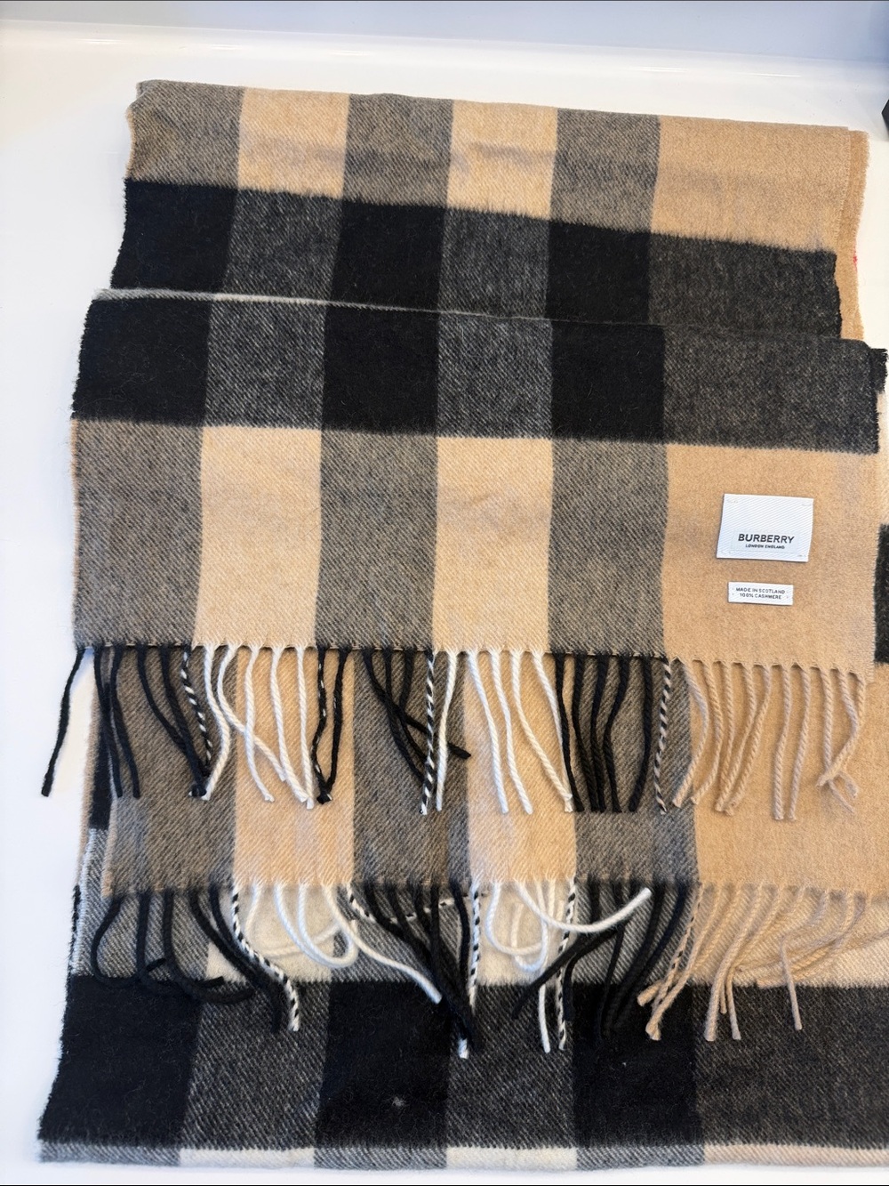 Burberry Tan Black Cream Check Fringe Scarf